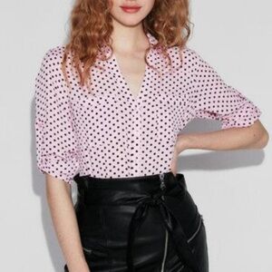 Express Portofino Slim Fit Pink Black Polka Dot Button Up Shirt V-Neck Retro
